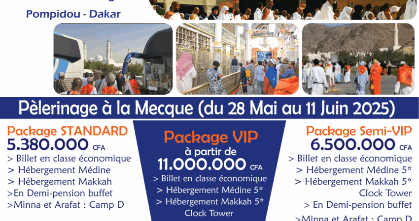 hajj 2025 carré. Affiche du hajj 2025 proposition de 2 Packages. Pèlerinage à la Mecque 2025 avec l'agence de voyages EVA VOYAGES.