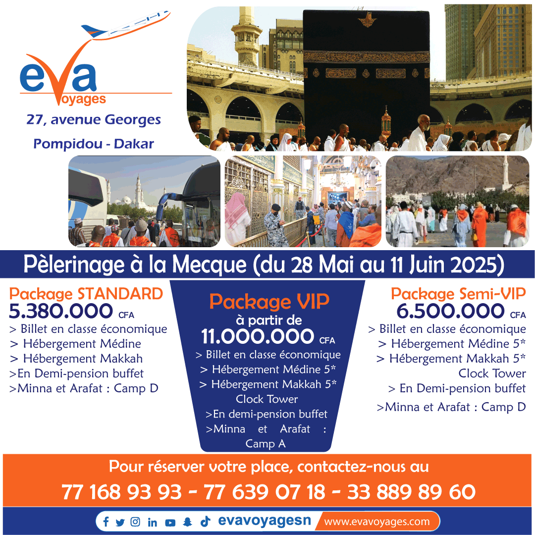 hajj 2025 carré. Affiche du hajj 2025 proposition de 2 Packages. Pèlerinage à la Mecque 2025 avec l'agence de voyages EVA VOYAGES.